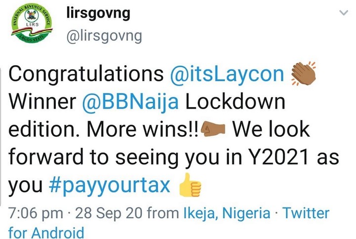 BBNaija: LIRS Reminds Laycon, About His Tax (Photo)