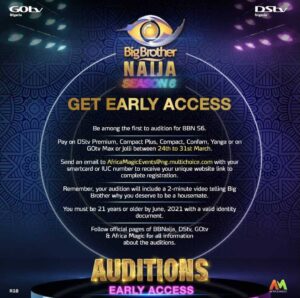 BBNaija Season 6: Organizers announce early access for auditions