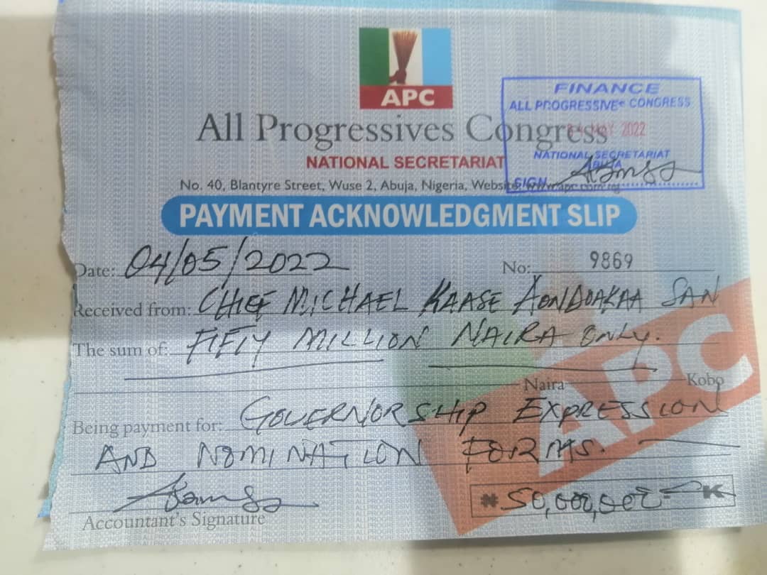 2023 Aondoakaa Picks APC Governorship Nomination Form » Naijmobile