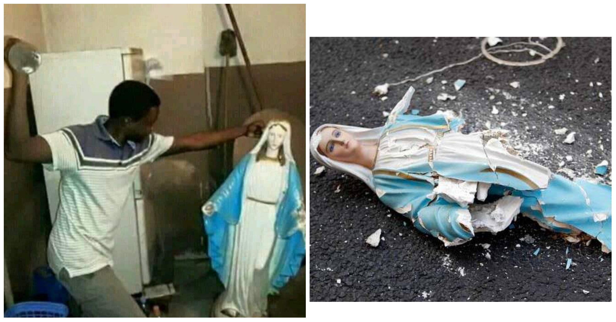 Angry Man Destroy Statues Of Virgin Mary, Calls Catholics idolaters (photos)