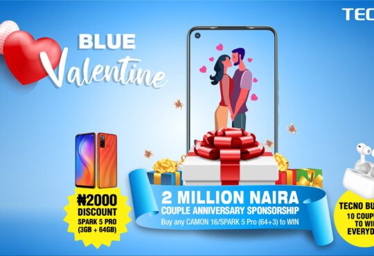 For every couple across the globe, Valentine is a time to take a refreshing trip through time to celebrate love. TECNO Blue valentine has been a tradition for Africa's most iconic brand for several years. It is a seasonal celebration designed to creating lasting memories for couples across Nigeria. This year, TECNO is not only celebrating the married couples but all engaged couples, courting couples, and all sorts of passionate relationships. TECNO remains a brand committed to making a difference in Nigeria, it's no wonder that love finds a special place at the core of TECNO's mission. To participate in the TECNO Blue Valentine, visit TECNO’s social media pages [ Facebook, Twitter and Instagram], make a 1-miniute video with your partner stating how old your love journey is, your experiences, the things you admire in your partner, or post a picture of you and your partner and the details above in the caption using hashtag #TECNOBlueValentine. • Ensure your entry is genuine and verifiable. On Facebook, Post as a comment under the pinned activity post on TECNO official Facebook page, and get your friends to like and comment on it verifying your entry. • On Twitter and/or Instagram page, post your entry on your page using the hashtag #TECNOBlueValentine • Ensure you are following ALL of TECNO social media pages for your entry to be valid. • Ensure you get your friends to share, like and comment on your entry. • Every day from Feb 1st -14th February 2020, 10 couples will be selected across all social media pages to win the new TECNO Buds1. Offline-N2M Couple Anniversary Sponsorship TECNO will sponsor two couples love anniversary celebration worth 2 million Naira. All you need do to win, walk into any TECNO recommended retail stores nationwide; buy any Camon 16 series or Spark 5 Pro (3GB/64GB). You will receive a special TECNO Blue Valentine card, send the 10-digit code to the WhatsApp number – 09036438365 and you will receive a message authenticating your entry • Every 50th entry on WhatsApp wins a TECNO LOVE Box • On Feb 11th, there will also be an electronic live draw on TECNO Facebook page for all the entries received on WhatsApp where 2 entries (must be a couple) will be picked to Win One Million Naira gift reward each. NB: Anniversary sponsorship means the brand will give you and your partner a special celebration to mark your love journey worth N1m naira. You could also get an instant 2000 discount and a special gift box when you Purchase any Spark 5 Pro (3GB/64GB) from selected stores nationwide. TECNO's Blue valentine competition will run from Feb 1st – Feb 14th, 2021 Terms and conditions apply.